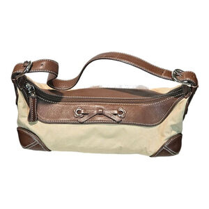 SOLD-Fossil Womens Tan Brown Canvas Leather Trim Adjustable Crossbody Handbag.